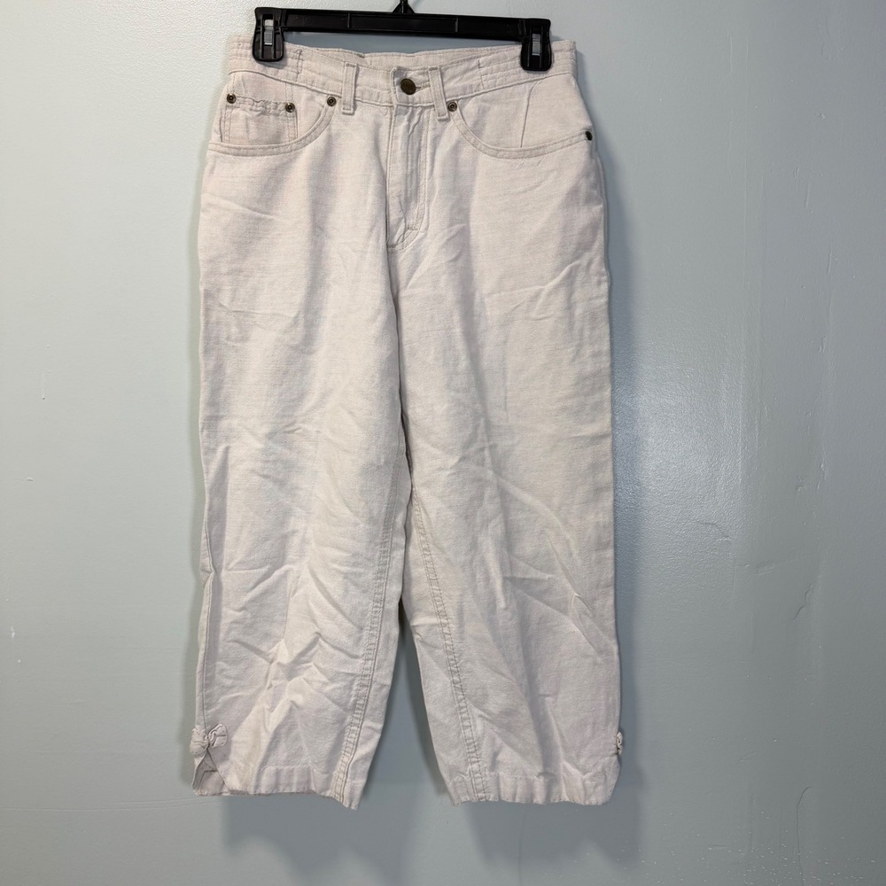 Vintage LL Bean Womens Natural Canvas Capri Pants 26 Waist High Rise Bow Hem